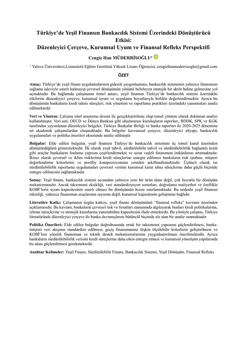 Yeşil finans ve bankacılık sistemi akademik çalışma özetinin ilk sayfası
